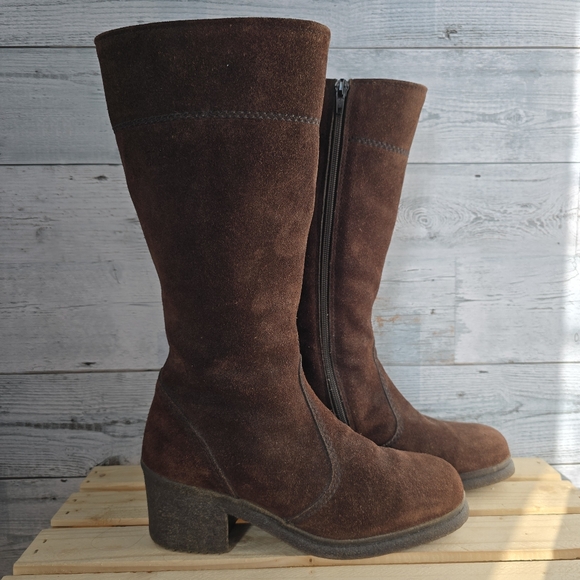 Pajar Shoes - Vintage Pajar Suede Shearling Lining Mid Calf Heel Boots Brown Cream Size 7